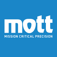 Company logo of mott corporation, featuring bold white letters on a blue background.