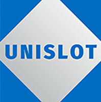 A logo with the word "unislot" set against a blue rhombus shape on a blue background.