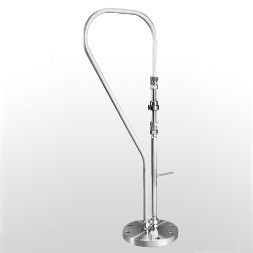 Stainless steel laboratory stand with an adjustable clamp.