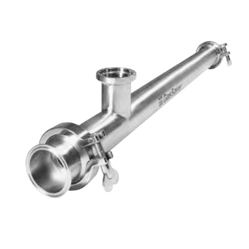 Stainless steel sanitary pipe fitting with a clamp and a valve.