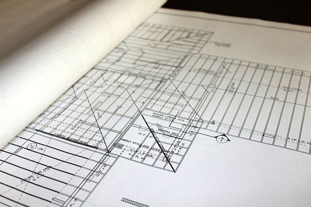 Arkitekturritning med tekniska ritningar och mått.